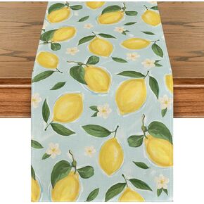 Artoid Mode Blue Lemon Flower Floral Summer Table Runner,Spring Kitchen Dining Table Decoration for Home Party Decor 13x90 Inch