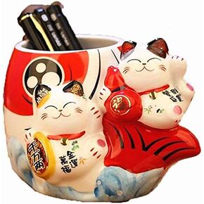 EatingBiting Fortune Japanese Lucky Beckoning Cats Maneki Neko Flower Pot Vase حامل القلم، زوج القط مجموعة على الأسماك، حامل قلم رصاص من السيراميك لتنظيم أواني الطبخ حامل وعاء الصبار in Kuwait