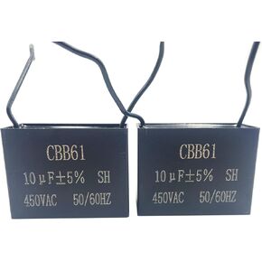 2Pcs CBB61 Celiling Fan Capacitor 2-Wire 10uF 450V AC 50/60Hz Metallized Polypropylene Film Capacitors