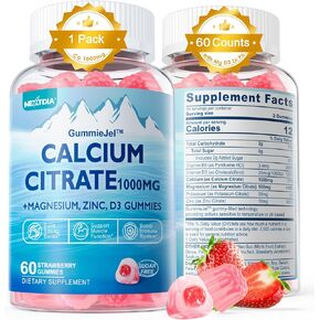 Sugar Free Calcium Citrate Gummies 1000mg with Vitamin D3, Ultimate Absorption Calcium Supplement for Women Men, Plus Magnesium, Potassium, Zinc, B6 for Bones, Muscle & Immune Health, 60 Count
