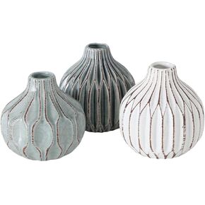 WHW Whole House Worlds Iconic Scandi Baby Vases, Set of 3, Fluted, Pink, Mauve and Dusty Rose, Crackle Suffused, 4.25 Diameter x 4.25 Inches Tall, Modern Home Design in Kuwait