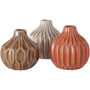 WHW Whole House Worlds Iconic Scandi Baby Vases, Set of 3, Fluted, Pink, Mauve and Dusty Rose, Crackle Suffused, 4.25 Diameter x 4.25 Inches Tall, Modern Home Design