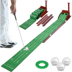 Golf Putting Green Mat Practice Indoor - Training Putting Matt with 3 Golf Balls & 3 Holes Putting Mats Wooden Pole Auto Ball Return Golf Mats for Mini Games Practicing at Home Office Backyard Balcony