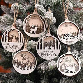 Jetec 6 Pcs Christmas Tree Ornaments Winter Woodland Reindeer Snowflake Wooden Ornaments 3D Carving Rustic Wood Hanging Ornaments for Xmas Indoor Outdoor Tree Decorations Forest Party Decor