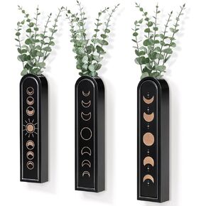 3 Pack Wall Planters for Indoor Plants, Black Wall Decor for Living Room Bathroom Bedroom Decor, Wood Wall Vase for Modern Farmhouse Home Decor, Boho Wall Decor Hanging Planter for Faux Greenery