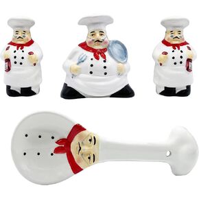 Happy Bistro Chef Ceramic Hand Painted Table/Stove Top Set, Salt and Pepper Shaker, Napkin Holder, Spoon Rest, Kitchen Décor