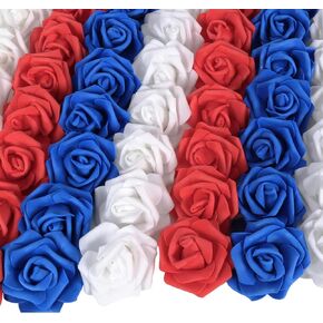 100pcs White Foam Roses Heads,3inch Blue Faux Flowers Red Artificial Rose Stemless Fake Flower Bulk for DIY Crafts,Cake Decoration Wedding,Baby Shower Flower Centerpieces(White,Red&Blue)