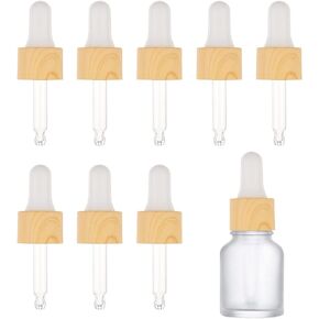 BENECREAT 10 Set Glass Eye Droppers for Essential Oils 5ml Pressure Rotating Cover Oil Droppers Glass Dropper Pipette with Imitation Wood Grain for Essential Oil Bottles
