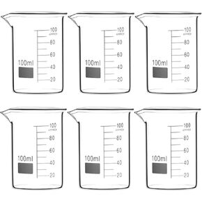 QWORK Sturdy Glass Beaker 100ml, Griffin Low Form, 6 Pcs, 3.3 Borosilicate Glass with Printed Graduation and Extra Large Marking Spot
