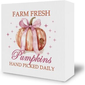 Coquette Pumpkin Desk Decor Decorations - Trendy Fall Autumn Wooden Box Sign, Pink Bows Wood Block Plaque Box Sign for Girls Room Grandmillennial Home Table Decoration, 5x5 Inches