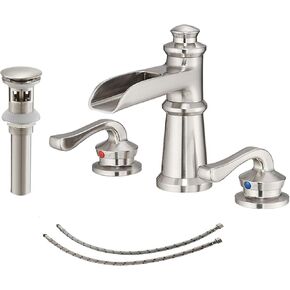 8 Inch Bathroom Sink Faucet Brushed Nickel Waterfall Two-Handles Widespread 3 Hole with Pop Up Drain Stopper Bath Vanity Faucets & Parts Commercial Lavatory Supply Hose Lead-Free