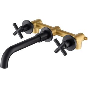 Wall Mounted Faucet Brushed Gold,Double Handle Cross Handle Bathroom Faucet,8" Center Mixing Faucet 360 Degree Swivel Spout,，Gold Solid Brass Rough Valve