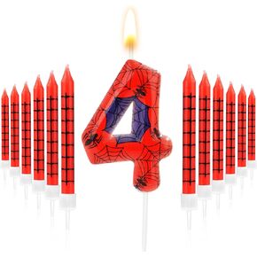 12pcs Spider Web Printed Candles & 1pc Number Candle, Red Blue Spider Themed Birthday Candle Spider Candles Spider Birthday Decorations for Boys Girls Cake Decor (Number 4)