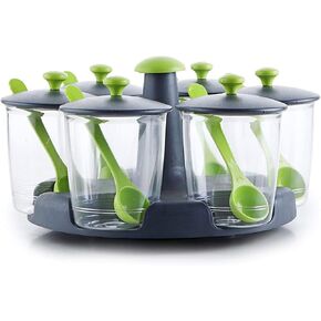 Revolving Plastic Multi Purpose Aachar Pickle Dining Spice Stand Jar Box Container Chutney Mukhwas Tray Masala Tray Transparent (Set of 6 Jar with Lid, 6 Spoon, 1 Tray)
