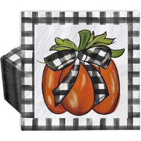 AnyDesign 80 Pack Fall Pumpkin Paper Napkin Disposable Buffalo Plaids Pumpkin Luncheon Napkin Autumn Dessert Dinner Hand Napkin for Thanksgiving Buffet Party Supplies, 6.5 x 6.5 Inch, A1573, White