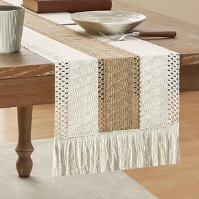 ZeeMart Macrame Style Bicolor Stitching Table Runner, 12 x 72 Inch Brown/Ivory, Boho Neutral Table Runners 72 Inches Long, Farmhouse Woven Home Decor