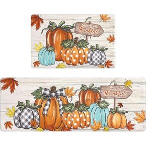 U'Artlines Pumpkin Anti Fatigue Kitchen Rugs Sets 2 Piece Seasonal Fall Holiday Party Vintage Farmhouse Kitchen Rug Runner Set Non Slip Cushioned Comfort Standing Desk Mat for Home Office Orange＆White