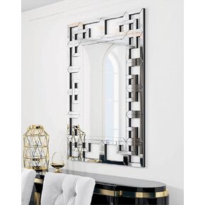 Decorative Mirror for Wall: 40x28 inch Rectangular Large Silver Vanity with Beveled Glass Grecian Venetian Frame Edge Home Art Modern Accent Decor Bathroom Bedroom Living Room