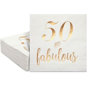 BLUE PANDA 50 Pack White 50th Birthday Napkins, Gold Foil 50 and Fabulous Party Supplies (5x5 In) in Kuwait