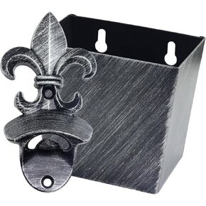 Fleur De Lis Beer Cap Opener Wall Mounted Soda Bottle Opener with Cap Catcher Drainage Antique Silver