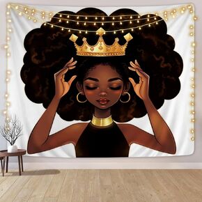 SARA NELL Wall Tapestry Black Art African King African American Women Girl with Crown Tapestries Hippie Art Wall Hanging Throw Tablecloth 50X60 Inches for Bedroom Living Room Dorm Room