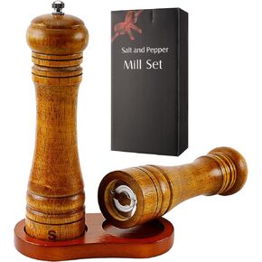 Wooden Salt and Pepper Grinder Set with Tray,Manual Wood Salt and Pepper Mill,Adjustable Coarseness with Stainless Steel and Ceramic Grinders,and Refillable(8inches-2pcs)
