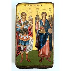Wooden Greek Christian Orthodox Wood Icon of Archangel Michael and Gabriel / A0