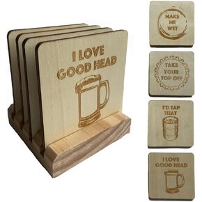 Funny Beer Themed Wooden Coasters with Holder | Set of 4 Gag Gift Coasters with Laser Engraved Designs | Unique Rustic Modern Bar Decor & Accessories for Mancave or Home Bar Sense of Humor Required