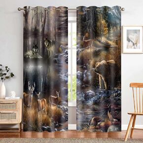 Rustic Lodge Curtains Wildlife Wolf Bear Elk Duck Country Style Blackout Curtain Forest River Nature Landscape Zoo Window Treatments for Bedroom Living Room 2 Panel 42x84inch CLDWMS0235