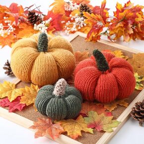 3 Pcs Crochet Pumpkin Faux Fall Pumpkins Knit Pumpkin Decor Halloween Crochet Handmade Pumpkins for Farmhouse Thanksgiving Harvest Wedding Table Centerpiece Kitchen Decor (Rustic Colors)