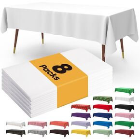 Pureegg Table Cloth - 8 Packs, Disposable Table Cloth for Retangle Table, 54"x108" Decorative Plastic Tablecloth for Parties, Picnics, Camping, Waterproof & Stain-Resistant, White