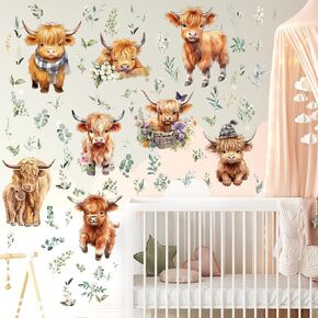 Yinder 12 Sheet 78 Pcs Bear Highland Cow Wall Decals Baby Wall Decals Cute Bear Highland Cow Wall Sticker Nursery Baby Wall Decor for Kids Girls Boys Baby Room Bedroom (Eucalyptus Leaf Cow)