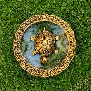 Wonder Care | Feng Shui Tortoise Statue Within Glass Plate Sculpted in Great Detail in Ivory Antique Finish - Idol for Car | Home Decor | Gift | (Turtle Plate 5")
