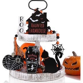 Halloween Decorations - Halloween Tiered Tray Decor for The Home, Halloween Decor with Cat, Wood Bead Garland & Halloween Tray Decor - Halloween Table Decorations for Halloween Party, Shelf Display