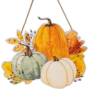 Fall Three Pumpkins Wooden Sign Decor Front Door Hanging Colorful Rustic Floral Autumn Wall Pediments for Farmhouse Home Porch Outdoor Indoor Seasonal Welcome Sign Decoration MY007