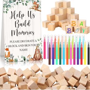 125 Pcs Baby Shower Decorate a Block Game Set Includes Help Us Build Memories Sign 100 DIY Blank Wooden Block 24 Paint Marker Baby Shower Prize for Wedding Baby Shower Game (Forest Animal)