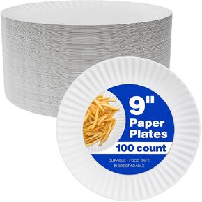 Paper Plates 9 Inch Bulk Paper Plates | White Paper Party Plates | Uncoated Disposable Microwavable Paper Plates | Microwave Safe Dishes For Everyday Dinner Picnic BBQ Party Event Crafts | 100 Pack