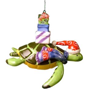 Cape Shore Sea Turtle Christmas Ornament Wearing a Santa Hat and Scarf, Carrying Presents on His Back, 6-inches, Ceramic, Multicolor