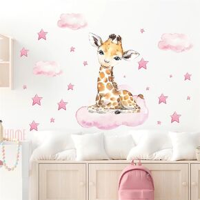 Cute Pink Baby Giraffe Wall Stickers, sacinora Moon and Stars DIY Art Wall Decals Removable Vinyl Peel and Stick for Kids Baby Girls Nursery Bedroom Toddler Room Decorations