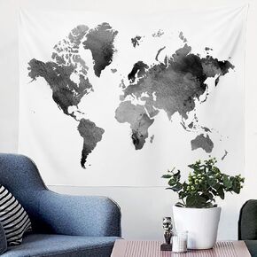 Batmerry Black and White Tapestry, Map of The World Map Watercolor Picnic Mat Beach Towel Wall Art Decoration for Bedroom Living Room Dorm, 51.2 x 59.1 Inches, Black White 5
