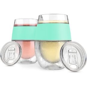 HOST Cooling Wine Freeze Cup with Lid, Set of 2 Plastic Double Wall Insulated Wine Tumbler Freezable Drink Vacuum Cup with Freezing Gel, Wine Glasses for Red and White Wine, Mint