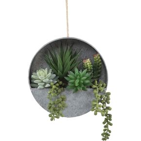 Flora Bunda Modern Artificial Succulent in 8 inch Hanging Galvanized Tin Wall Planter, Boho Wall Decor, Hanging Fake Plants Cactus for Home, Office