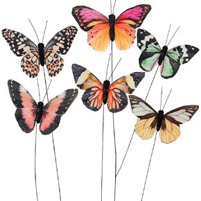 YCHTEWY-Feather Butterfly for Craft Decoration Set of 12 with Wire 6 Color Wedding Home Flower Pot Christmas Party Spring Home Decor Floral