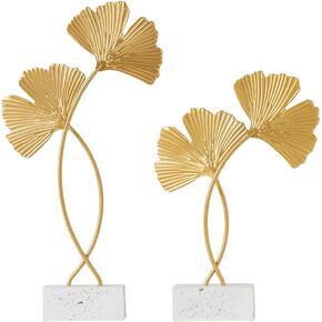Cabilock 2Pcs Golden Gingko Leaf Statue Gold Leaf Metal Sculpture Metal Iron Leaf Sculpture Figurine Table Home Decoration with Wood Base for Bedroom Living Room Decor
