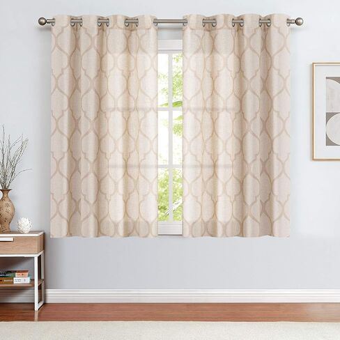 ستائر جينشان الكتان لغرفة المعيشة، ستائر مطبوعة بالبلاط المغربي البيج بطول 72 بوصة لغرفة النوم، ستائر شبكية لتصفية الضوء، معالجات النوافذ العلوية، بيج، مجموعة لوحتين in Kuwait