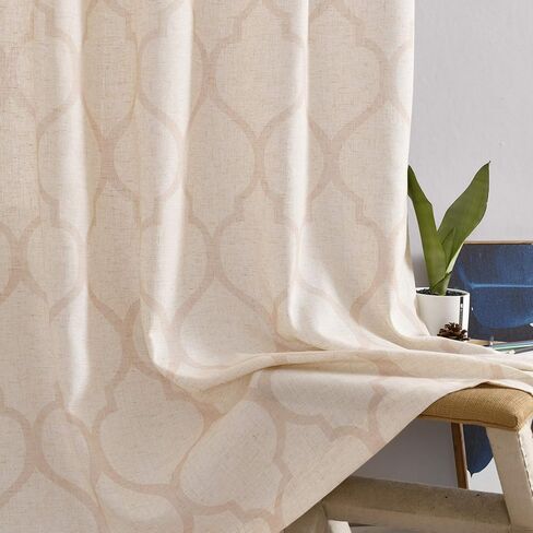 ستائر جينشان الكتان لغرفة المعيشة، ستائر مطبوعة بالبلاط المغربي البيج بطول 72 بوصة لغرفة النوم، ستائر شبكية لتصفية الضوء، معالجات النوافذ العلوية، بيج، مجموعة لوحتين in Kuwait