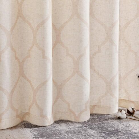 ستائر جينشان الكتان لغرفة المعيشة، ستائر مطبوعة بالبلاط المغربي البيج بطول 72 بوصة لغرفة النوم، ستائر شبكية لتصفية الضوء، معالجات النوافذ العلوية، بيج، مجموعة لوحتين in Kuwait