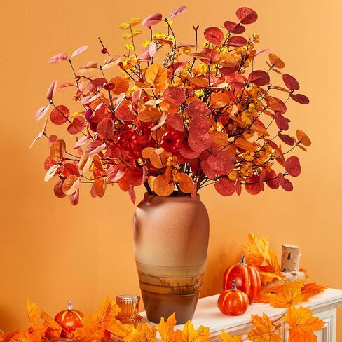 Serwalin 𝟴𝗣𝗖𝗦 Fall Floral Eucalyptus Stems, 19.6" Babys Breath Artificial Flowers, Faux Fall Leaves Stems for Vases Table Centerpiece Arrangement Decor(No Vase) in Saudi Arabia