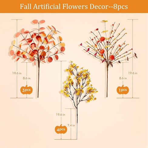 Serwalin 𝟴𝗣𝗖𝗦 Fall Floral Eucalyptus Stems, 19.6" Babys Breath Artificial Flowers, Faux Fall Leaves Stems for Vases Table Centerpiece Arrangement Decor(No Vase) in Saudi Arabia