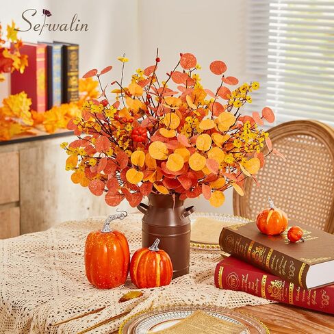 Serwalin 𝟴𝗣𝗖𝗦 Fall Floral Eucalyptus Stems, 19.6" Babys Breath Artificial Flowers, Faux Fall Leaves Stems for Vases Table Centerpiece Arrangement Decor(No Vase) in Saudi Arabia
